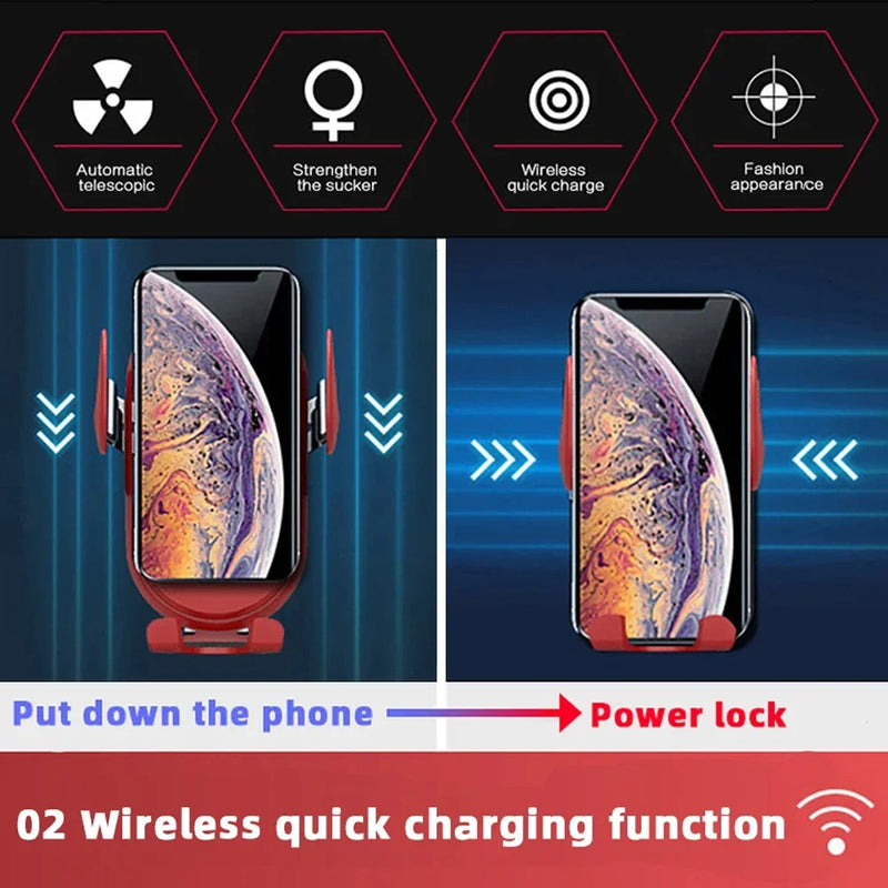 Carregador Sem Fio Rápido Qi Fashion para Celular, Suporte de Telefone para Carro com Sensor Infravermelho Inteligente, Suporte de Ventilação de Ar com Fixação Automática