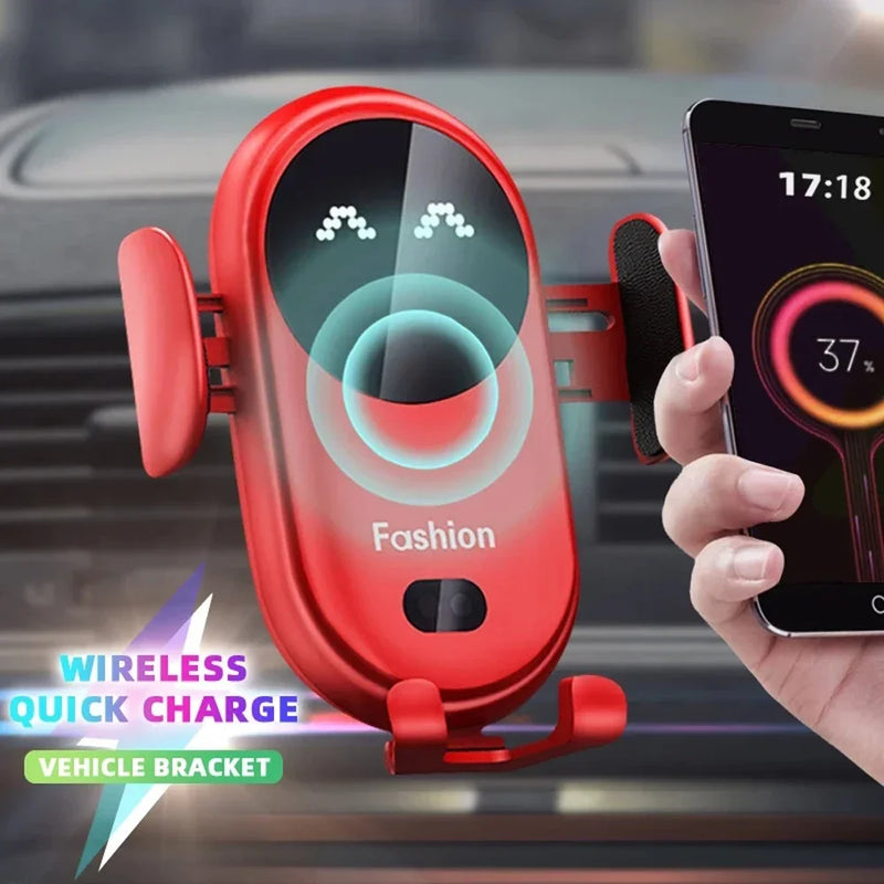 Carregador Sem Fio Rápido Qi Fashion para Celular, Suporte de Telefone para Carro com Sensor Infravermelho Inteligente, Suporte de Ventilação de Ar com Fixação Automática