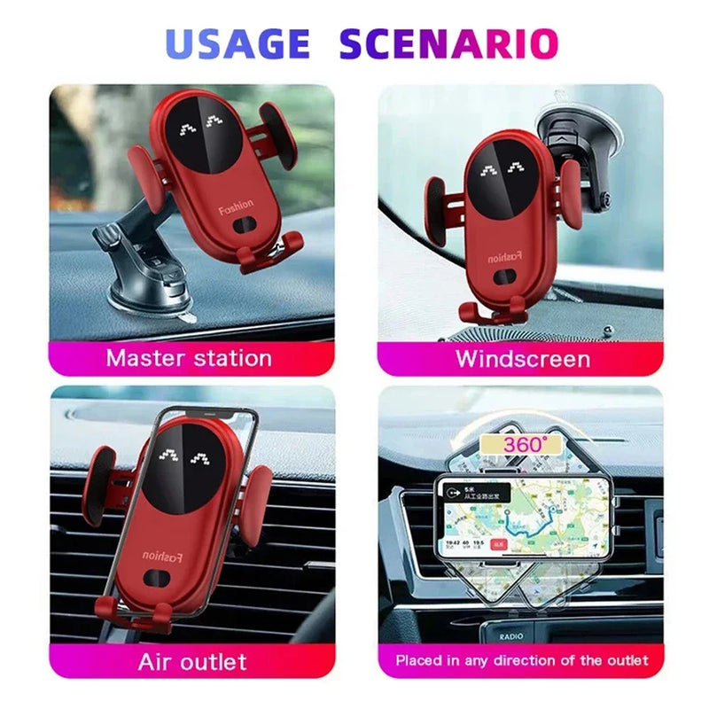 Carregador Sem Fio Rápido Qi Fashion para Celular, Suporte de Telefone para Carro com Sensor Infravermelho Inteligente, Suporte de Ventilação de Ar com Fixação Automática